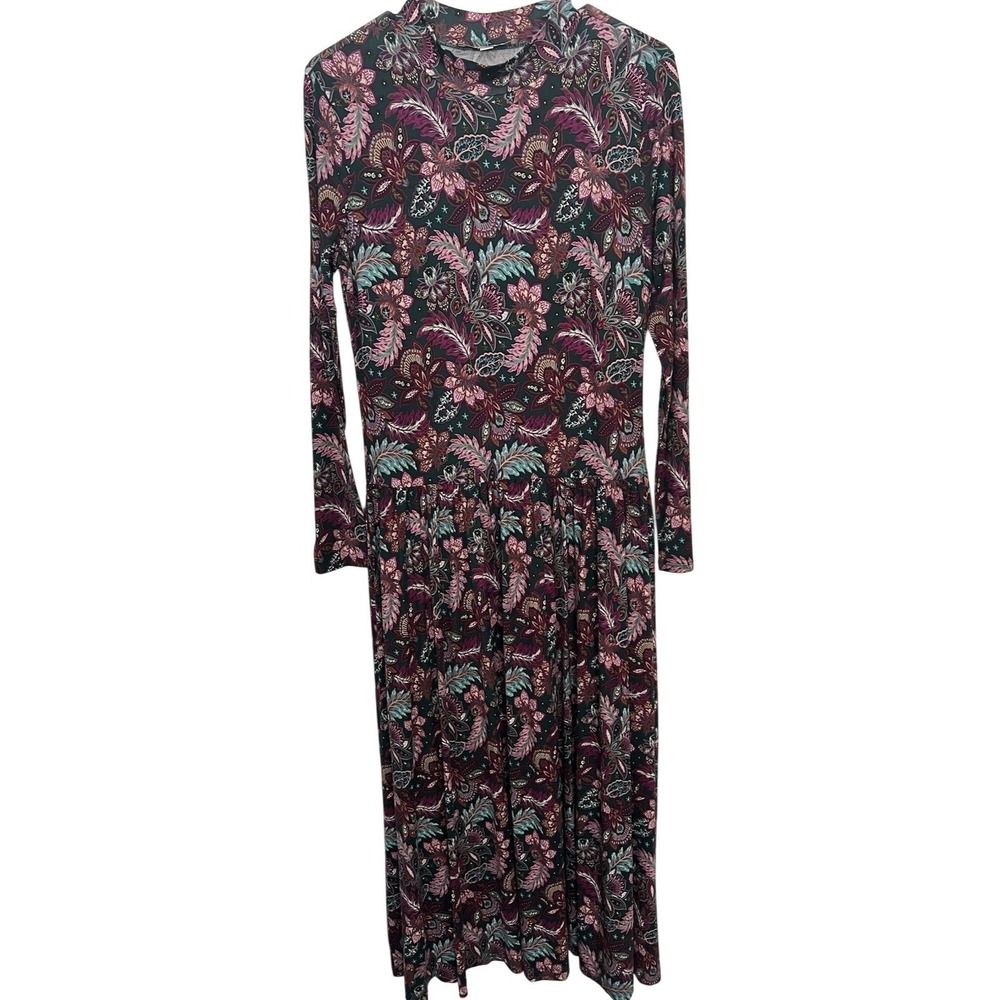 LOFT Women's Medium Floral Paisley Mock Neck Long Sleeve Maxi Dress Green Pink